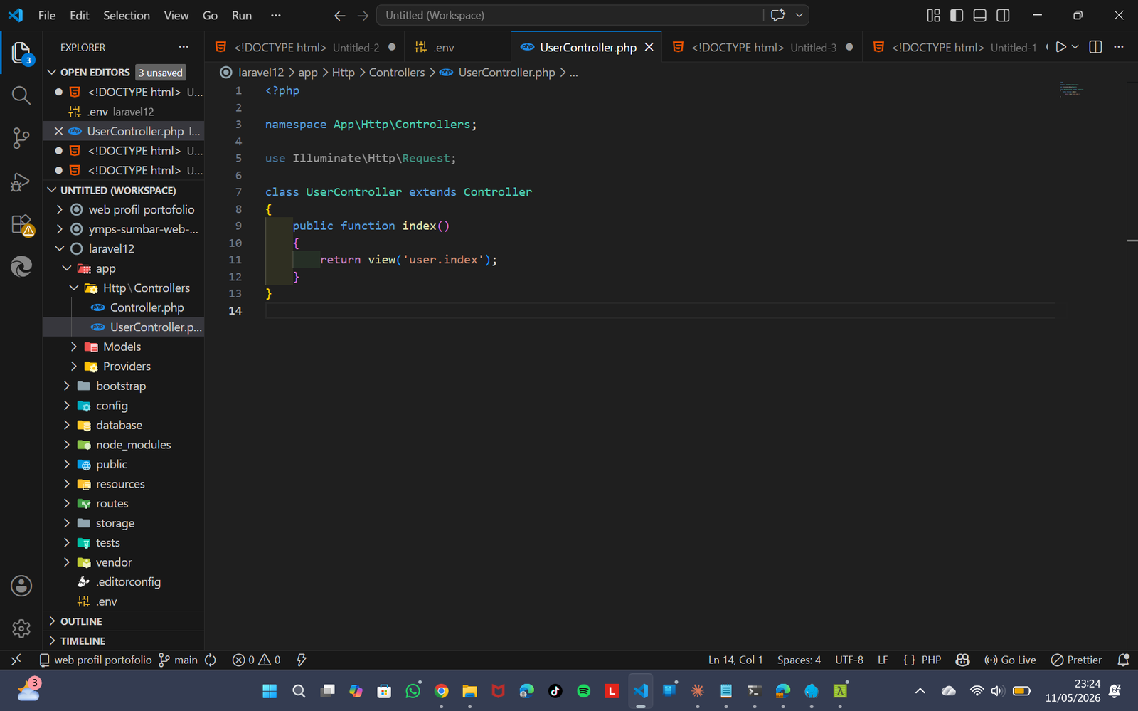 Membuat Function Index di UserController